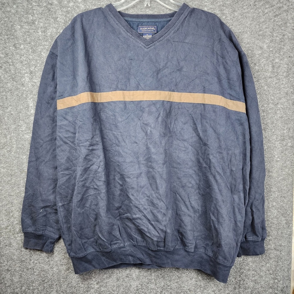 Duck Head V-Neck Sweatshirt Mens XL Navy Blue Tan Stripe Cotton Pullover